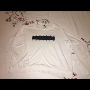 White long sleeve top “HERE NOW FOREVER”